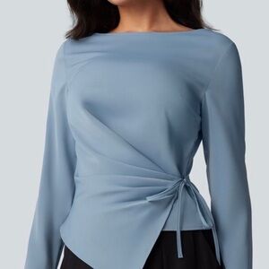 Halara Wrinkle Resistant Boat Neck Ruched Tie Blouse, M